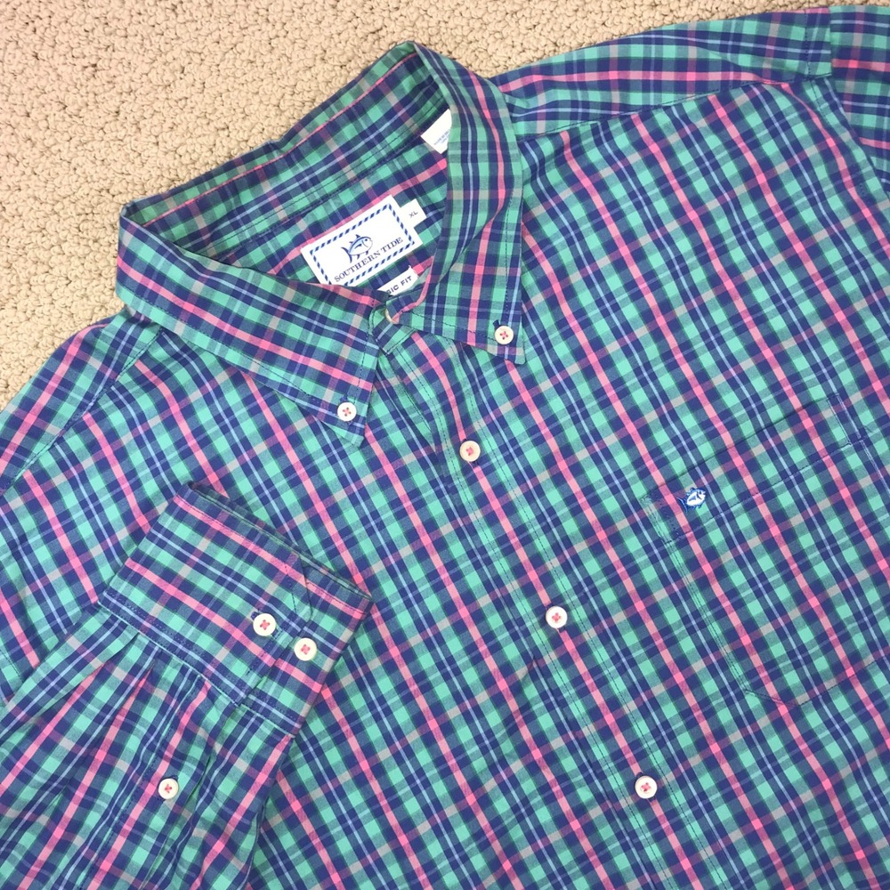 Southern Tide Mens XL Classic Fit Plaid Button Down Shirt Green Pink Blue Cotton